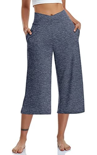 TARSE Womens Casual Wide Leg Yoga Capris Summer Crossover High Waist Capri Pants Loose Soft Pajama Pockets Sweatpants(HeatherNavy,M) - Image 1