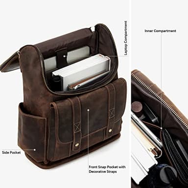 BOSTANTEN Leather Backpack for Men 15.6 inch Laptop Backpack Vintage Travel Office Bag Large Capacity Shoulder Bag Coffee - Image 3