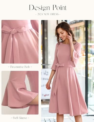 Modest Pink Dress for Church Elegant 3/4 Sleeve for Women Casual Bell Sleeve Dresses for Women Homecoming Teen Girls Blush 3XL - Image 4