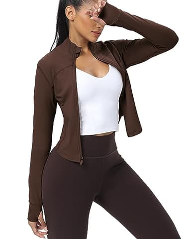 AVGO Women's Cropped Running Workout Jackets Zip Slim Fit Athletic Tops with Thumb Holes(Roasted Brown, M) - Image 2