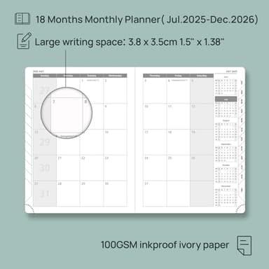 POPRUN Monthly Planner 2025-2026 (Medium- 6.5'' x 8.5'' Soft Cover), 18-Month Calendar Book (Jul.2025-Dec.2026), Calendar Planner with Monthly Tabs & Pocket, 100 GSM Paper - Brown - Image 3