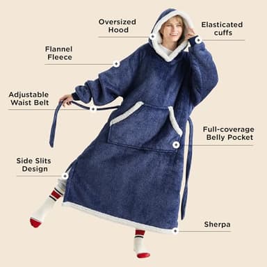 Bedsure Wearable Blanket Hoodie, Long Hooded Blanket Sweatshirt as Birthday Gifts for Women, Cozy Sherpa Hoodie for Adult, Standard, Ocean Blue - Image 2