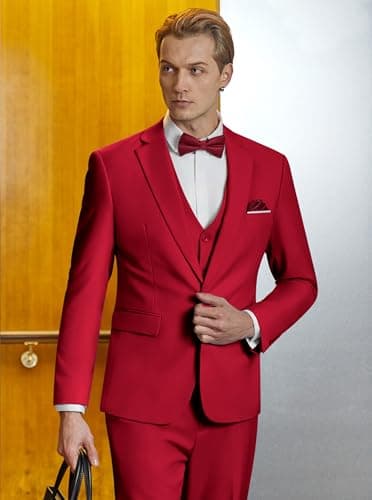 WULFUL Men’s Slim Fit Suit One Button 3-Piece Blazer Dress Business Wedding Party Jacket Vest & Pant Wine Red - Image 2