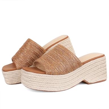 EQAUDES Platform Wedge Sandals Slip on Espadrille Sandals for Women Brown Wedge Slides Raffia Straw Sandals Flatform Open Toe Beach Sandals Size 6 - Image 1