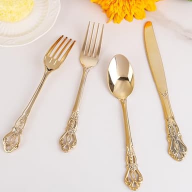 Joyido 300Pieces Gold Plastic Silverware - Heavy Duty Gold Disposable Utensils - Vintage Plastic Cutlery Set Includes 100 Forks, 100 Spoons, 100 Knives for Dinner Parties Weddings - Image 8