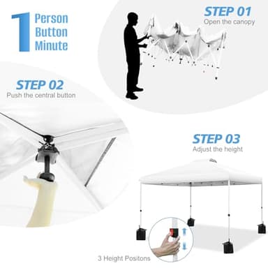 WEIZE Pop up Canopy Tent 10x10ft, 1-Button Push Setup, Instant Portable Shelter, Adjustable Height, Portable Roller Bag, 4 Weight Bags, Guy Ropes & Stakes Included, White - Image 3
