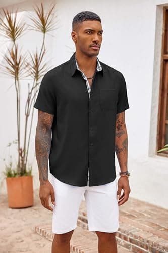 COOFANDY Men's Linen Shirts Short Sleeve Beach Shirts Hawaiian Tropical Summer Button Down Shirts Black - Image 3