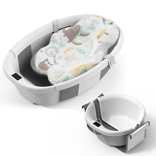 TOSGN Collapsible Baby Bathtub, 3s to Install, Baby Bath Tub with Soft Cushion & Thermometer, 0-36 Months Newborn Bathtub, Portable Travel Baby Tub, Grey - Image 1