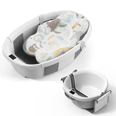 TOSGN Collapsible Baby Bathtub, 3s to Install, Baby Bath Tub with Soft Cushion & Thermometer, 0-36 Months Newborn Bathtub, Portable Travel Baby Tub, Grey - Image 1