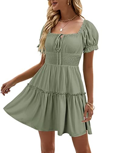 Heysolo Womens Square Neck Mini Dress Casual Short Sleeve Empire Waist Smocked Summer Babydoll Dresses Light Green - Image 1
