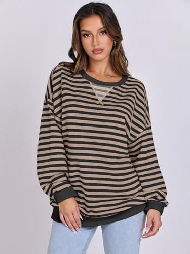 ANRABESS Women Striped Sweatshirts Oversized Crewneck Long Sleeve Shirts Y2K Pullover Top 2025 Fall Outfits Fashion Clothes Black Grey Large - Image 2
