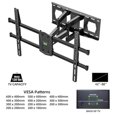 USX MOUNT Full Motion TV Wall Mount for 42-80 Inch TVs up to 120lbs, TV Bracket with Articulating Swivel Tilt Extension Leveling, Television Mount for Max VESA 600x400mm Fits 12/16" Wood Stud - Image 4