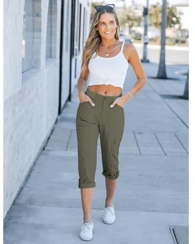 GRAPENT Women's Cropped Capris Summer Cargo Pants - Grey Army Green Medium Size 8-10 - Image 4