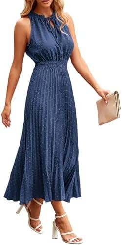 PRETTYGARDEN Women's Midi Summer Dresses Casual V Neck Swiss Dot Ruffle Sleeveless A Line Beach Sun Dress - Image 3