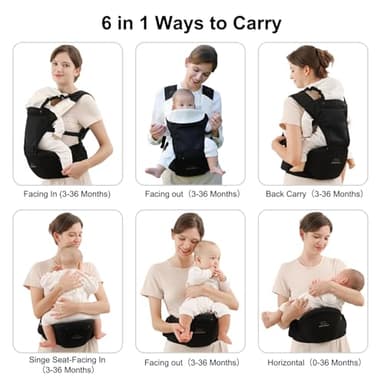 Bebamour Baby Carrier with Hip Seat,All-Position Breathable Mesh Hip Seat & Carrier 0-36Months with Head Hood, 3 PCS Teething Pads, Waist Extender,Storage Bag & Pacifier Case(Black) - Image 2