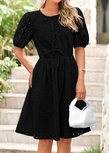 KIRUNDO Eyelet Summer Dresses for Women 2025 Short Sleeve Tie Front Babydoll A Line Wedding Guest Beach Vacation Sundress(Black, X-Large) - Image 5