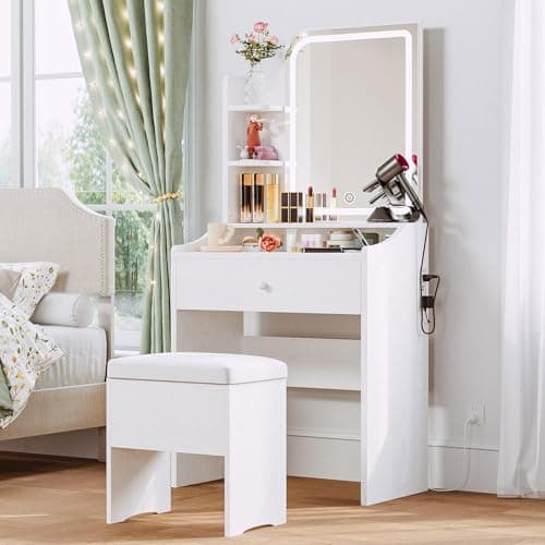 LIKIMIO Small Makeup Vanity Desk with Mirror and Lights, Vanity Table Set with Storage Drawer, Chair and Three Shelves, Bedroom, White - Image 1