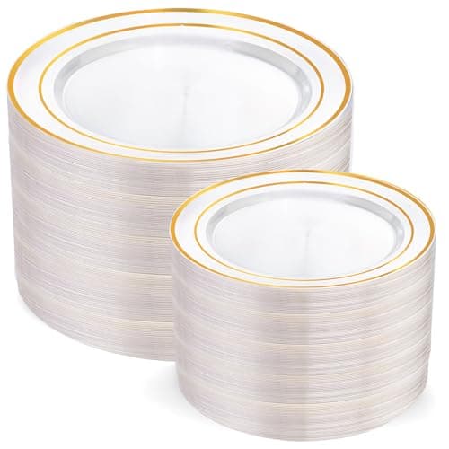 200 Pcs Clear Gold Plastic Plates - Disposable Party Plates, Gold Plate Disposable Include 100 Dinner Plate and 100 Dessert Plate, Plastic Plate for Party, Holiday, Wedding & Birthday - Image 1