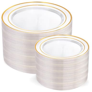 200 Pcs Clear Gold Plastic Plates - Disposable Party Plates, Gold Plate Disposable Include 100 Dinner Plate and 100 Dessert Plate, Plastic Plate for Party, Holiday, Wedding & Birthday - Image 1