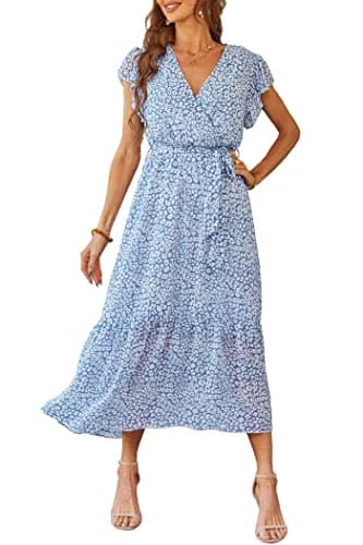 PRETTYGARDEN Women's Summer Floral Boho Dress Wrap V Neck Short Sleeve Ruffle A-Line Flowy Maxi Wedding Guest Dresses (Light Blue,X-Large) - Image 1