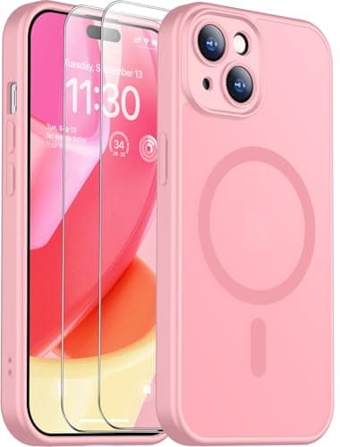 SPIDERCASE Designed for iPhone 15 Case, Magnetic Translucent with 2PCS Tempered Glass Screen Protector Anti-Fingerprint Anti-Scratch Phone Case,Pink - Image 1