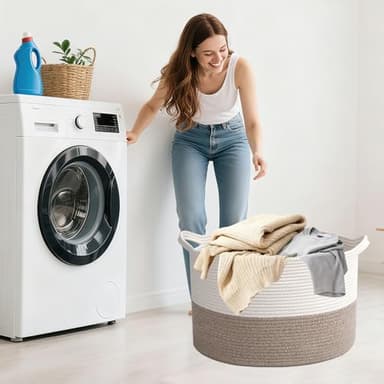 HZFTJOY Large Blanket Basket for Organizing,65L Closet Organizers and Storage Bins Box for Shelves Woven Rope Storage Baskets,Living Room,Bedroom,Dorm,Laundry room (White&Brown) - Image 7