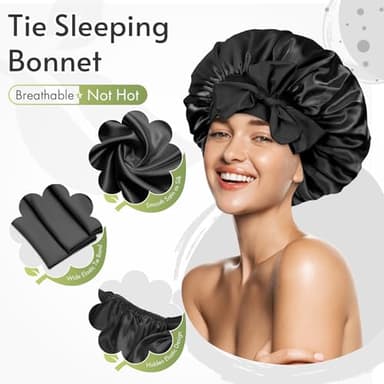 BONNET QUEEN Silk Bonnet for Sleeping Women Satin Bonnet Night Sleep Cap Hair Wrap for All Hair with Adjustable Tie Band,Black - Image 3
