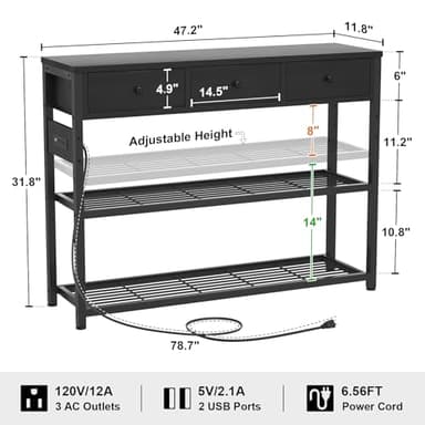 Ecopriso 47'' Entryway Table with Outlets and USB Ports, Console Table with 3 Drawers, Sofa Table Narrow Long with Storage Shelves for Living Room, Couch, Hallway, Foyer, Kitchen Counter, Black - Image 3
