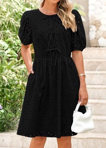 KIRUNDO Eyelet Summer Dresses for Women 2025 Short Sleeve Tie Front Babydoll A Line Wedding Guest Beach Vacation Sundress(Black, X-Large) - Image 7