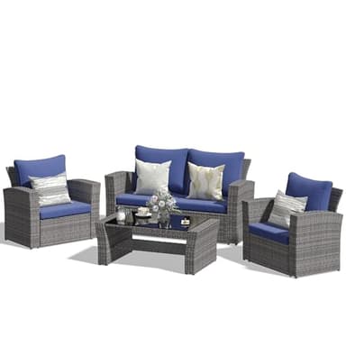 Wisteria Lane 4 Piece Patio Furniture Set, Wicker Outdoor Patio Conversation Furniture Set, All Weather Outdoor Patio Sofa with Cushion and Glass Table, Blue - Image 7