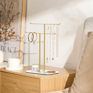 pickpiff Necklace Holder Jewelry Organizer Stand – 2‑Tier T‑Bar Jewelry Display Tree with Tray for Countertop Necklace Bracelet Earring Storage, Vanity Dresser Bathroom Sink, Gold - Image 4
