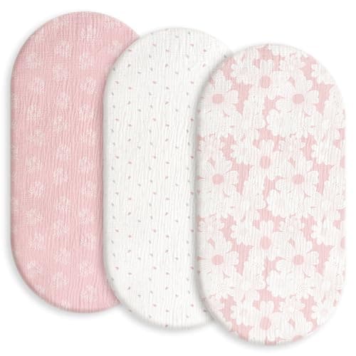 Gllquen Baby Muslin Bassinet Sheets 3 Pack, Breathable Elastic Cozy Fitted Cotton Bassinet Mattress Sheet for Baby Boy Girls, Fit for Hourglass Oval Rectangular Cradle Pad Sheets 33"x17" (Pink) - Image 1
