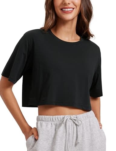 CRZ YOGA Women's Pima Cotton Workout Crop Tops Short Sleeve Yoga Shirts Casual Athletic Running T-Shirts Black XX-Small - Image 1