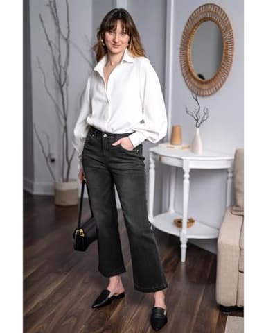 GRAPENT Black High Waisted Wide Leg Pants for Women - Petite Soft Black Size M, 8, 10 - Image 6