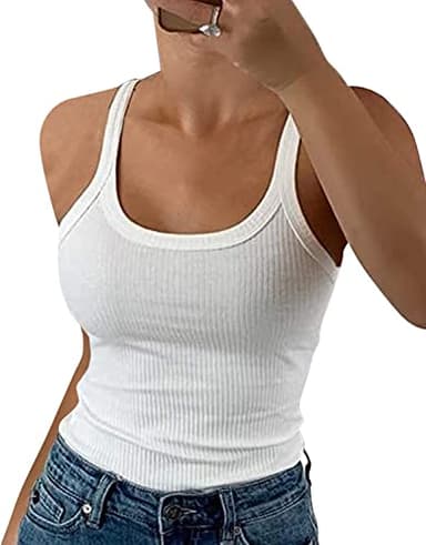 GEMBERA Women Spaghetti Strap Scoop Neck Ribbed Tank Tops Slim Fitted Cotton Camisole Basic Sleeveless Layering Shirts(3227 White L) - Image 1