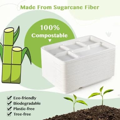 ECOLipak 100% Compostable 5 Compartment Plates, 100 Pack Disposable Compartment Paper Plates, 12.5 * 8.6 inch Biodegradable Sugarcane Plates, Eco-Friendly School Lunch Trays - Image 5
