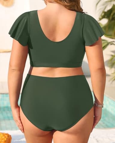 Daci Plus Size Two Piece Swimsuits - High Waisted Bikini with Sleeves for Women Bathing Suit Swimwear Green 18 Plus - Image 2