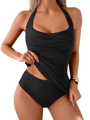 Eomenie Womens Halter Tankini Bathing Suit Ruched Tummy Control Two Piece Swimsuit with Bottom Black - Image 1