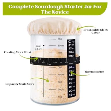 Tyniaide Sourdough Starter Jar, 1000ML/35Oz 2 Pack Sourdough Starter Kits with Thermometer Strip, Silicone Scraper, Cloth Cover, Aluminum Lid and Feeding Band, Sourdough Bread Baking - Image 3