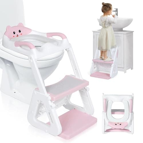 Orzbow Potty Training Seat, 2-IN-1 Toddler Potty Training Toilet with Step Stool, Stability Toilet Seat for Boys Girls with Splash Guard and Anti-Slip Pad, Adjustable Ladder & Potty Seat Height, Pink - Image 1