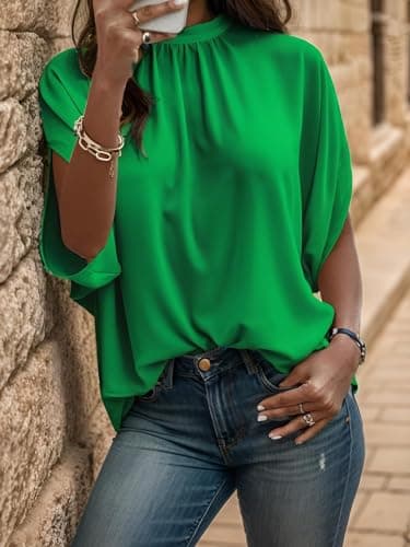 Teepie Business Casual Tops for Womens Blouses for Work Professional Mock Neck Short Sleeve Tops Tie Back Tunic Shirt Green L - Image 3