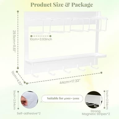 CINPIUK Water Bottle Organizer Holder, Magnetic Mug Hook Storage for Stanley & Large Tumbler, Space Saving Wall Mount Mug Organizer with 5 Hook, Easy to Install, White - Image 3