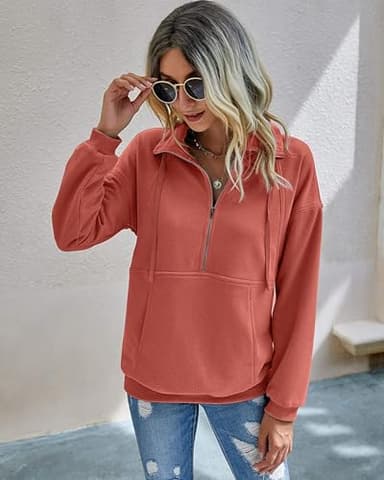 PRETTYGARDEN Women's Casual Long Sleeve Lapel Zipper Sweatshirt Drawstring Loose Pullover Tops (Orange Red, X-Large) - Image 3