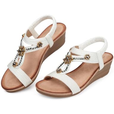 SHIBEVER White Wedge Sandals Women Size 9 Comfortable Rhinestone Ladies Sandals Dressy Arch Support Low Heel Flower Shoes Summer - Image 5