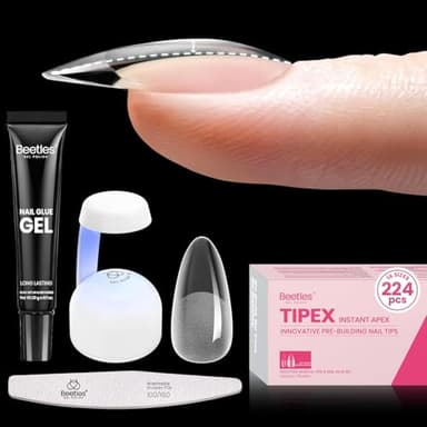 Beetles Tipex Gel Nail Kit, Medium Almond Nail Tips 224 Pcs 16 Sizes Pre-Building Pre-Etched False Nail Tips with Tipex Nail Glue, Mini Nail Lamp Thick Acrylic Nail Set Halloween Nails - Image 1