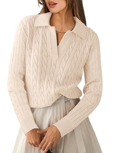 ANRABESS Womens Cable Knit Sweaters Long Sleeve V Neck Sweater Tops Casual Pullover Polo Shirts 2025 Fall Fashion Outfits Parchment Beige L - Image 1