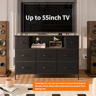 Fixwal Dresser for Bedroom TV Stand for 55 Inch TV with Charging Station and LED Light, Fabric Chest of Drawers, 8 Drawer Kids Dressers for Boys Bedroom, Living Room, Closet (Black) - Image 4