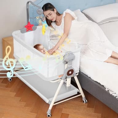 Rocking Baby Bassinet, Bedside Bassinet for Baby, 3 in 1 Bedside Sleeper with Musical Toys, Storage Basket and Wheels, Adjustable Bedside Crib for Newborn, White - Image 1