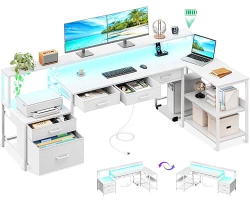 AODK L Shaped Desk with 5 File Drawers, 75" Reversible L Shaped Computer Desk with Power Outlet & LED Strip, Office Desk with Storage Shelves, Gaming Table with Monitor Shelf, Corner Table, White - Image 1