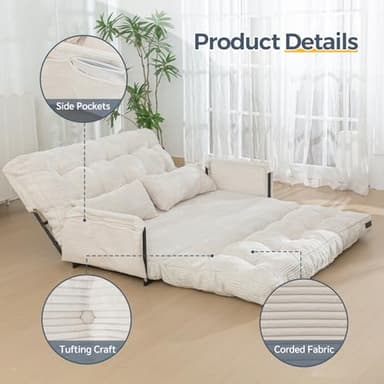 MAXYOYO Adjustable Floor Sofa Couch with 2 Pillows, Multi-Functional Bean Bag Bed, 5-Position Foldable Lazy Sofa Sleeper Bed with Armrest Versatile Floor Seating for Reading Gaming, Beige, Double - Image 3
